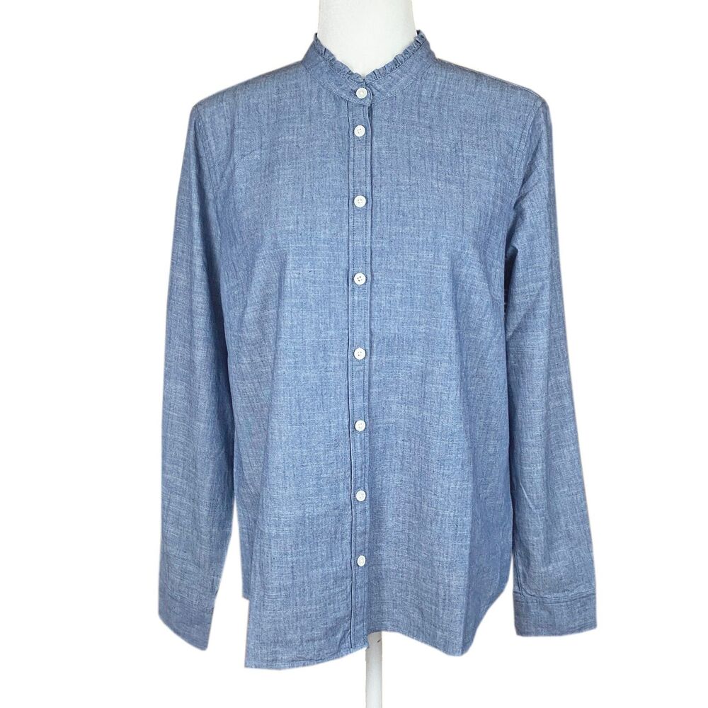 J Crew Chambray Button Front Top with Ruffled Collar Size M Blue Cotton NEW